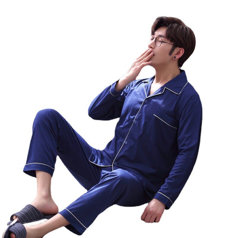 Ensemble pyjama en coton pour homme, vêtement de maison, couleur unie, grande taille, décontracté, ample, à revers, Simple, respirant, printemps, automne