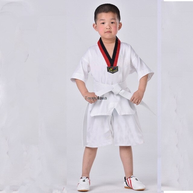 Hvit taekwondo uniform barn voksen taekwondo dress dobok wtf karate uniform klær lange ermer fitness trening  t22