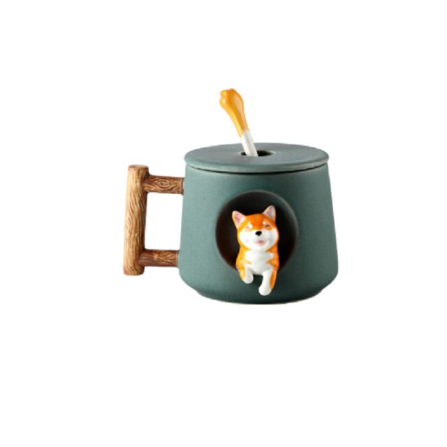 Cartoon Ceramic Mug Cute 3D Shiba Inu Dog Spoon Milk Tea Coffee Cup: Red
