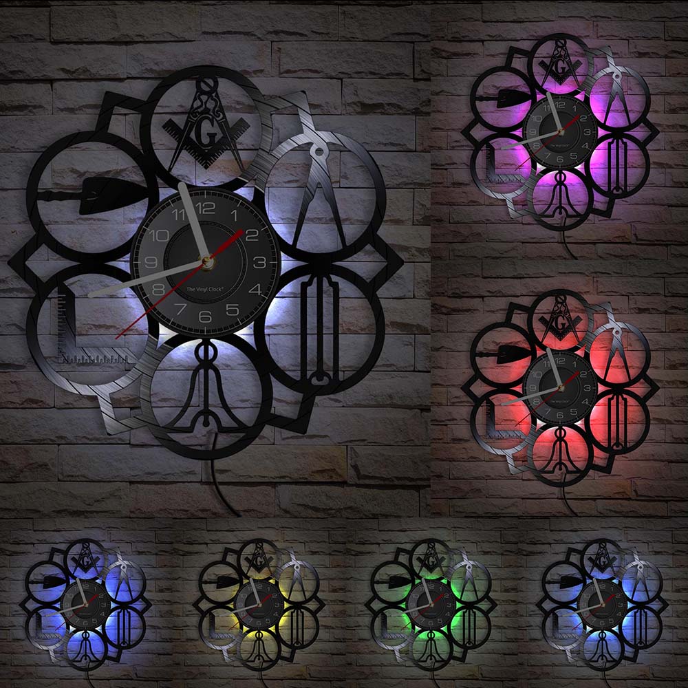 Masonic Logos Wall Clock Free Mason Vintage Vinyl Record Clock Masonry Ornament Modern Wall Clock Decorative Timepiece: With LED