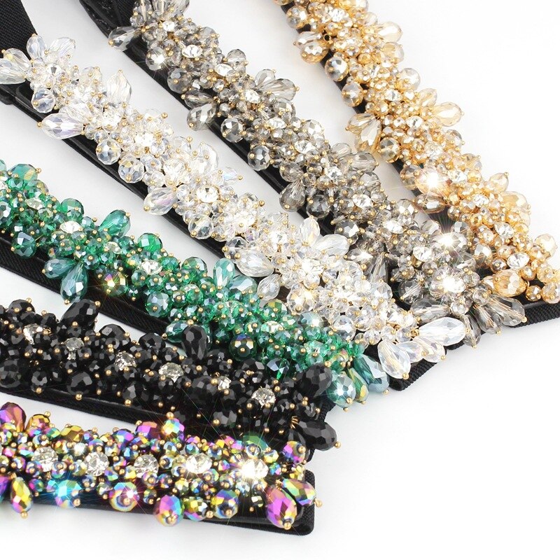 Frauen Klassische Elegante Breite Elastische strecken Taille Band mit Dekorative Strass Perlen Blume Taille Gürtel Bund B68