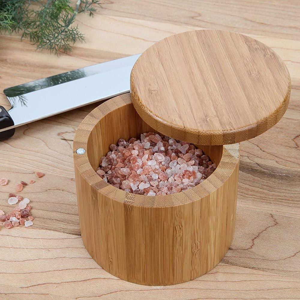 100% Bamboo Salt Box, Natural Bamboo Container With Magnetic Lid + Secure Durable Storage & Organization For Kitchen