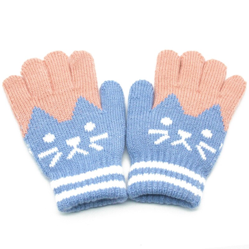 Wecute Kinderen Winter Warme Handschoenen Voor 4-10years Kids Cartoon Kat Handschoenen Vijf Vinger Kasjmier Gebreide Handschoenen Soft Fietsen