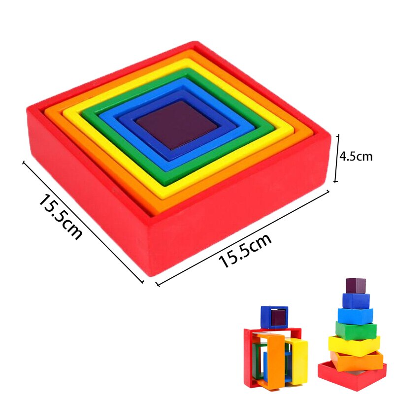 12pcs Big Size 35.5cm Baby Toys Wooden Rainbow Stacker Nesting Puzzle Blocks Montessori Educational Toys for Kids Baby Toys: 7pcs new square