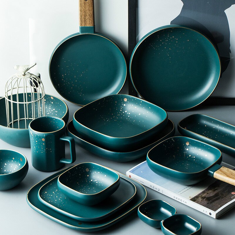 High Retro Groene Nordic Keramische Servies Servies Set Kom Plaat Soepkom Set Moderne Stijl High-End