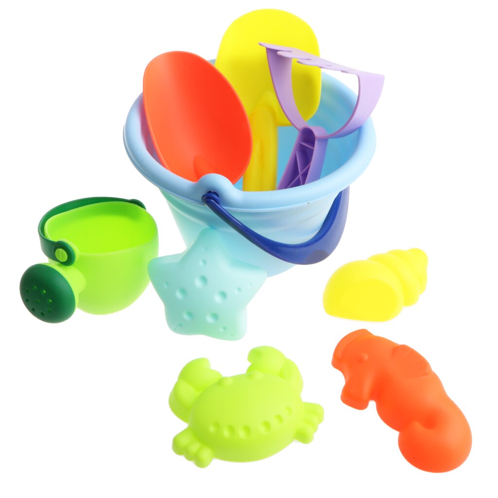 Ensemble de jouets de sable de plage avec canette d'eau, pelles, râteau, seau et moules pour animaux, jouet de bac à sable d'été pour enfants 9 pièces