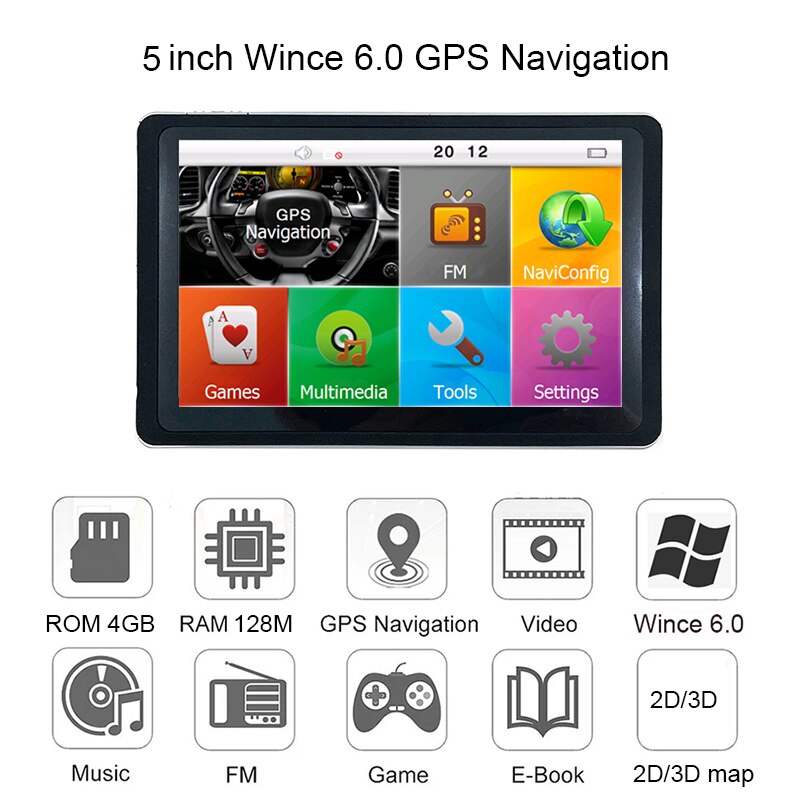 5 Inch 480*272 vehicle MTK CE6.0 GPS Navigation Car Navigator with FM Transmitter RAM 128M/4GB Memory map for Europe/USA/Russia