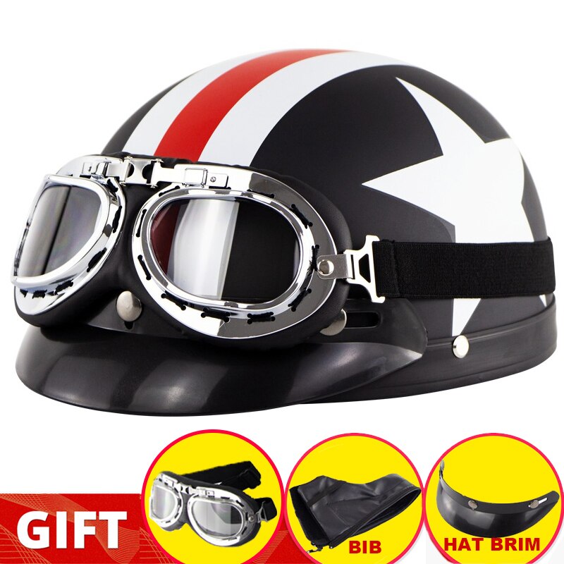 Retro Motorcycle Half Helmet Riding Vintage Cruiser Touring Half Helmets Moto Bicycle Scooter Skating Baseball Cap with Goggles: black White Red