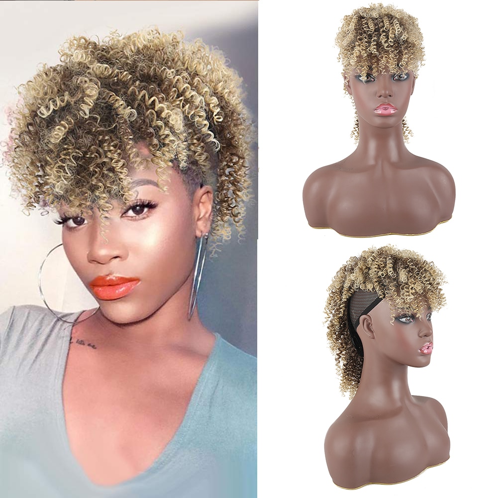 Afro Puff Ponytail With Bangs Afro Kinky Curly Synthetic Curly Mohawk Ponytail Clips in Hair Extension For Black women Hairpiece