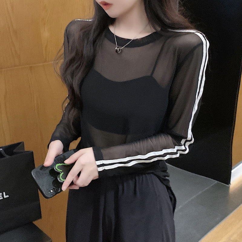Y2k schiere sonnen feste Hemden Frauen gestreifte Langarm-T-Hemden Streetwear durchsichtige Netz blusen koreanische Sonnenschutz oberteile
