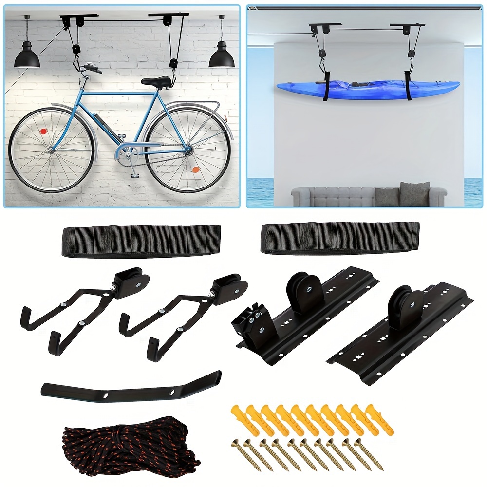 1 conjunto de guindaste de bicicleta, armazenamento de garagem, sistema de polia de elevação de bicicleta com rolamento de 60kg, rack de teto resistente, cabide de bicicleta