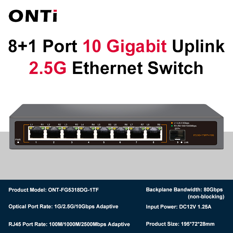 ONTi 2.5GbE Unmanaged Ethernet Switch 8 Port 2.5GBASE-T Network Switch with 10G SFP+ Port Plug and Play Fanless Homelab Switch