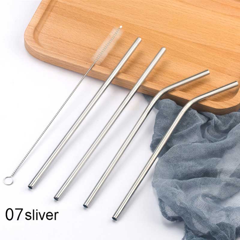 Stainless steel straight/elbow straw portable set reusable straw and straw cleaning brush silver/gold/rose gold/black/rainbow