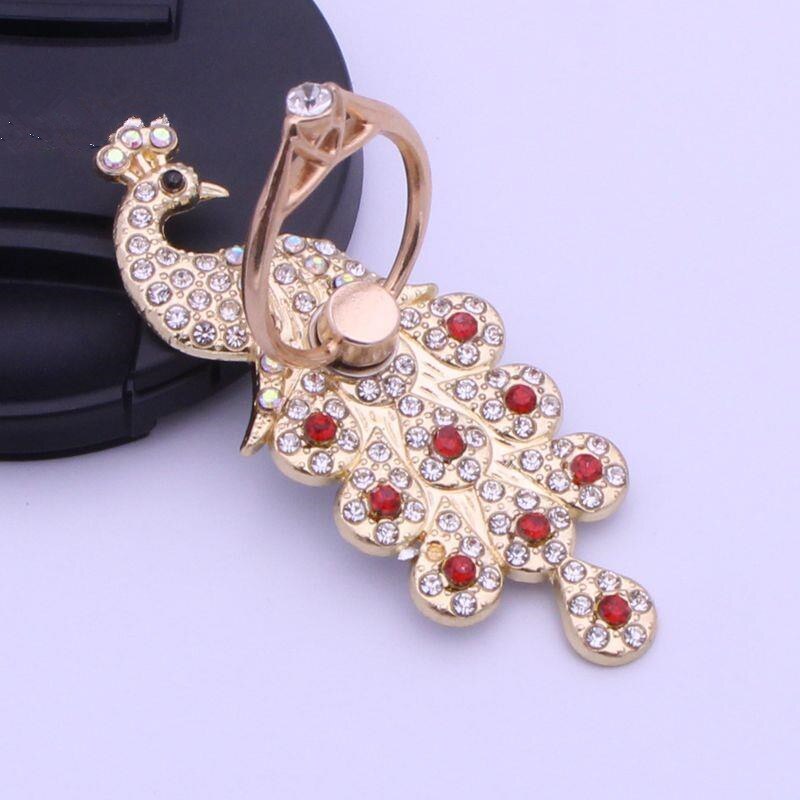 Luxurious 360 Degree Free Rotation Anti-fall Mobile Phone Ring Bracket Metal with Diamond Peacock Ring Buckle Bracket Stand: red