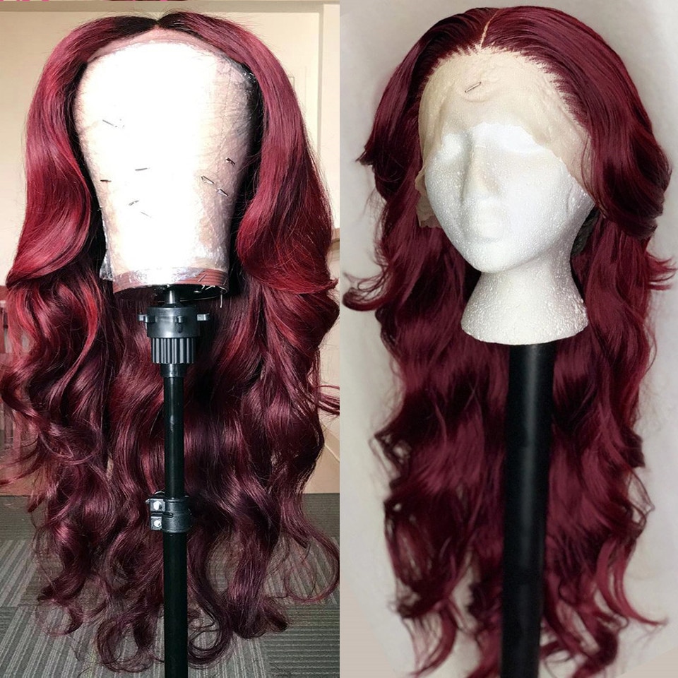 Lace Front Synthetic Hair Wigs Middle Part 99J Red Color 24inch Long Soft Burgundy Natural Wave Lace Wig For Black Women