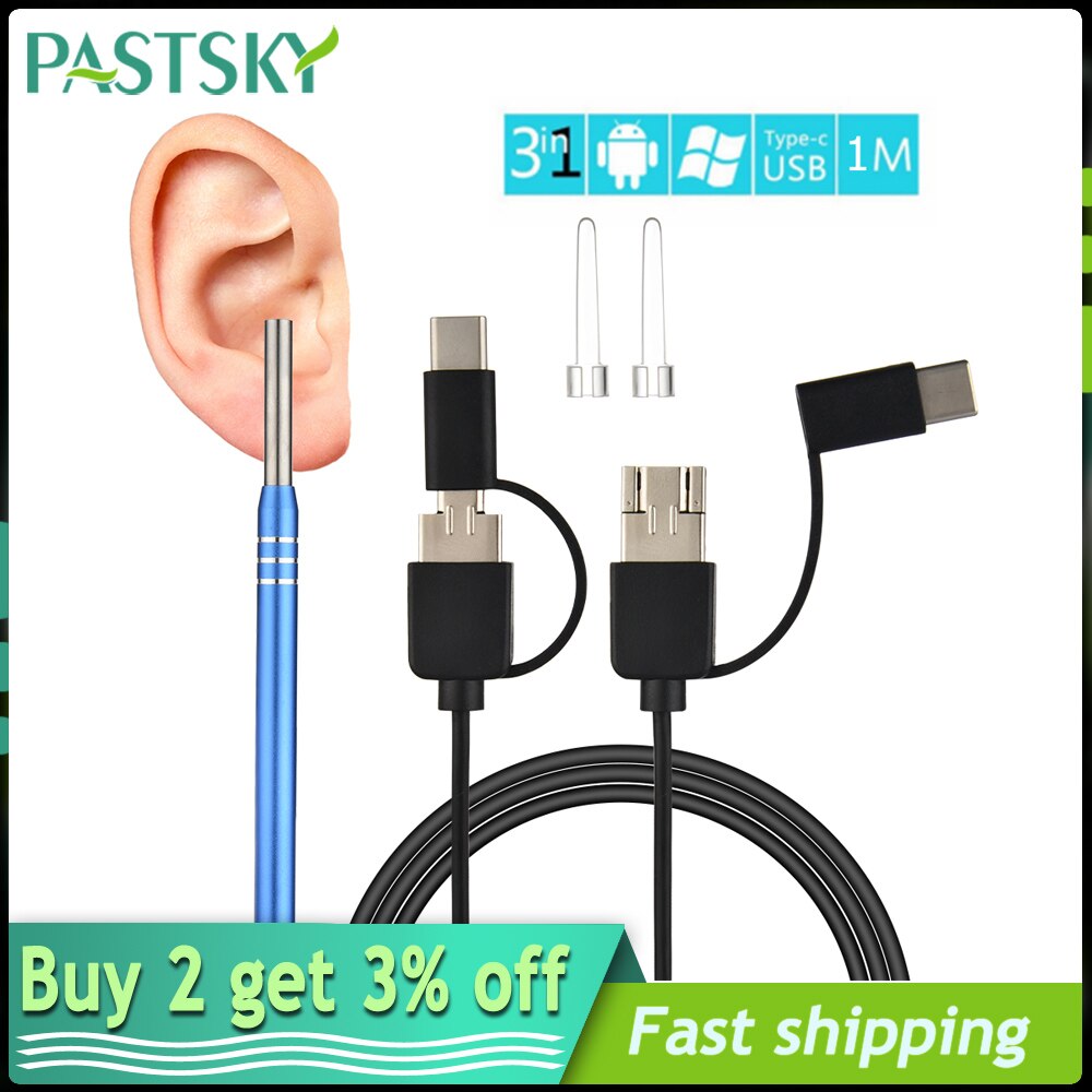 0.3MP Ear Endoscope 3 in 1 Mini Ear Camera HD Visual 5.5mm Waterproof Otoscope Multifunctional Ear Pick Cleaning Tool Android PC