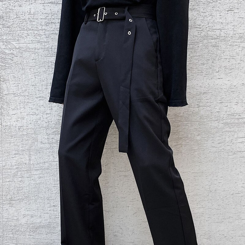 Pantalones de traje coreanos de otoño para hombre, pantalones informales de negocios de Color sólido a la ajustados, pantalones de vestir rectos para hombre con cinturón de calle