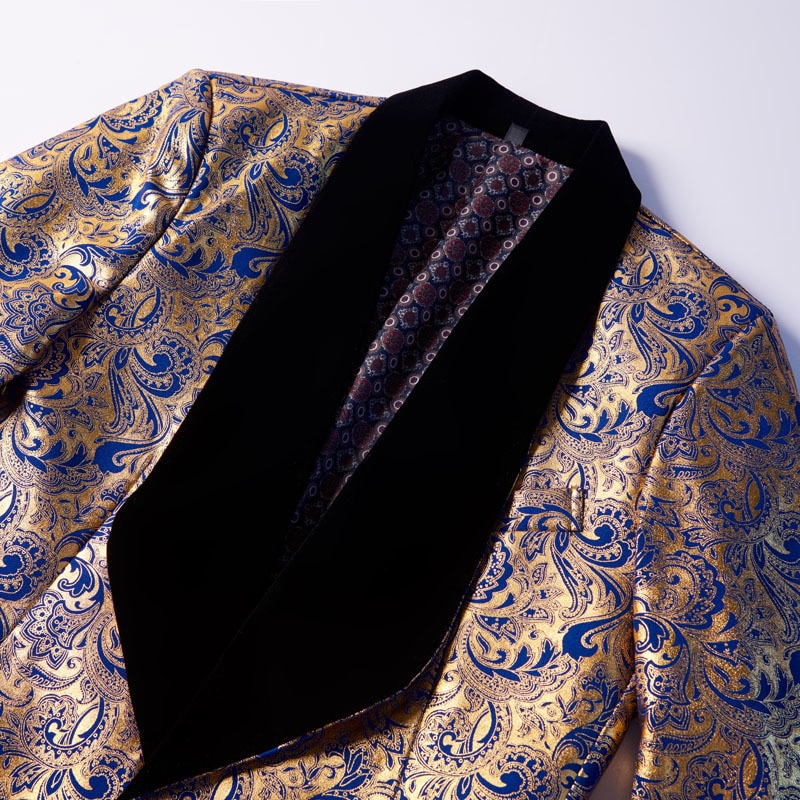Pyjtrl jakke + vest herre todelt sæt guld blomstermønster print sjal revers slim fit bryllup gallakjole smoking kostume