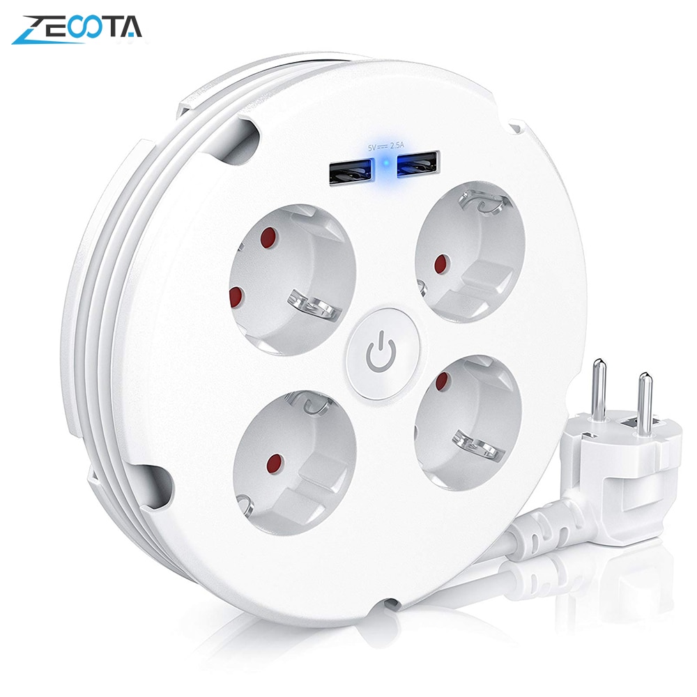 Multiple Power Strip Electric Sockets 4 way Round 2 USB Charger Switch Outlets Illuminated Wall Mounting Circular Roll-up Cable