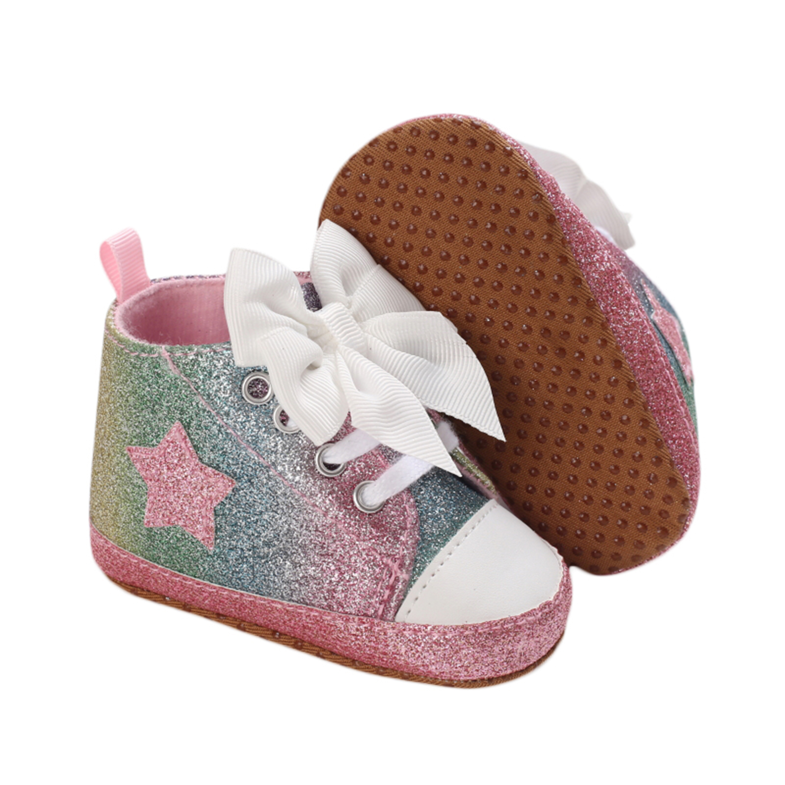 Emmababy – chaussures pour bébé fille, léopard/étoile, cheville haute, nœud papillon, marche, semelle souple, d'anniversaire, première marche: 05 / 13-18 Months