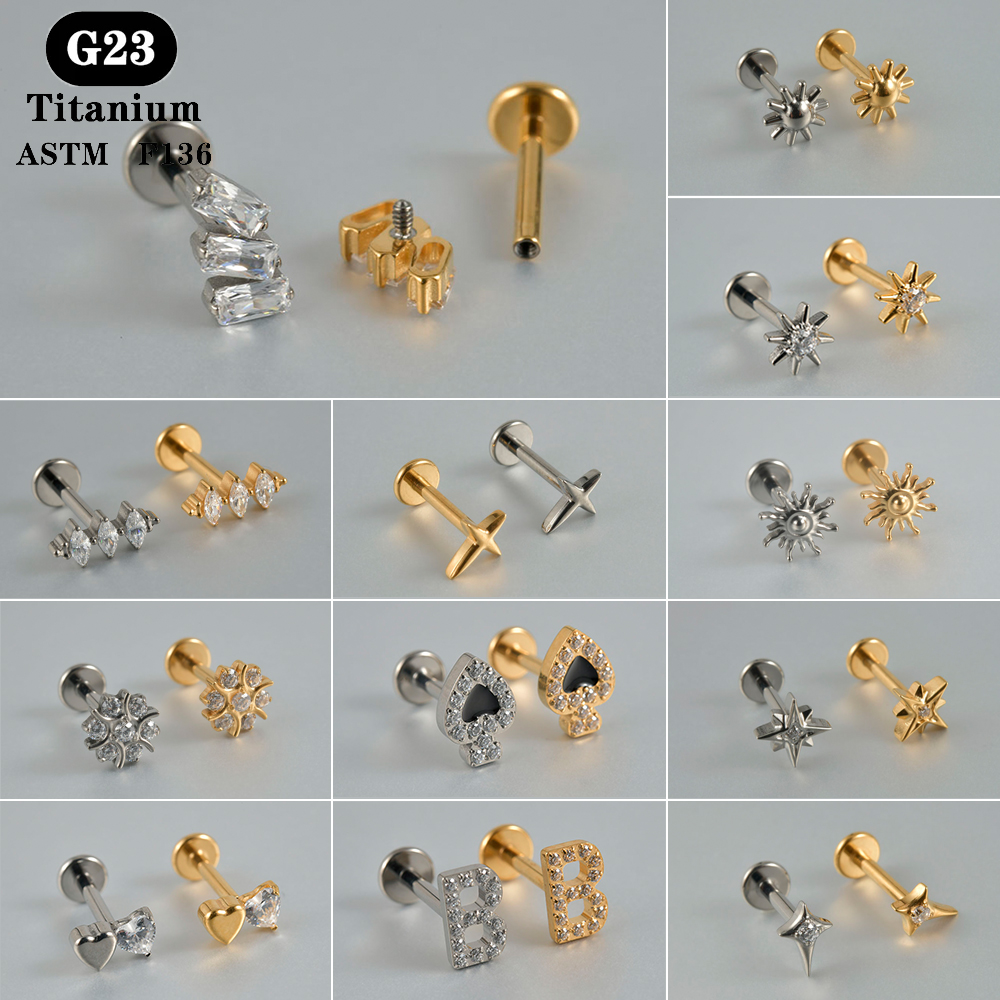 1 pendiente ASTM F136 de circonita de titanio con parte posterior plana, 12 estilos, pendientes de , lóbulo, hélice, cartílago del trago, joyería para Piercing, 1,2x8mm