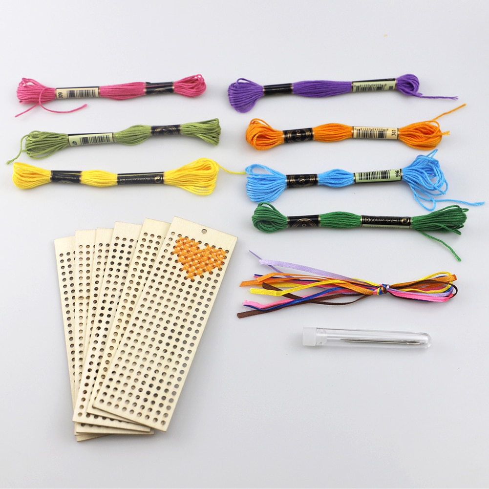 6Pcs Wood Rectangle Bookmark Cross Stitch Embroidery DIY Material Children Craft Art Kit Home Decoration Pendant Crafts