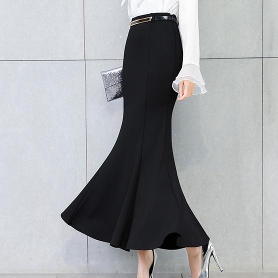 Falda de sirena larga para mujer, falda de trompeta a la cadera, , con cinturón gratis, 2XL talla grande, color negro, Vintage, Primavera