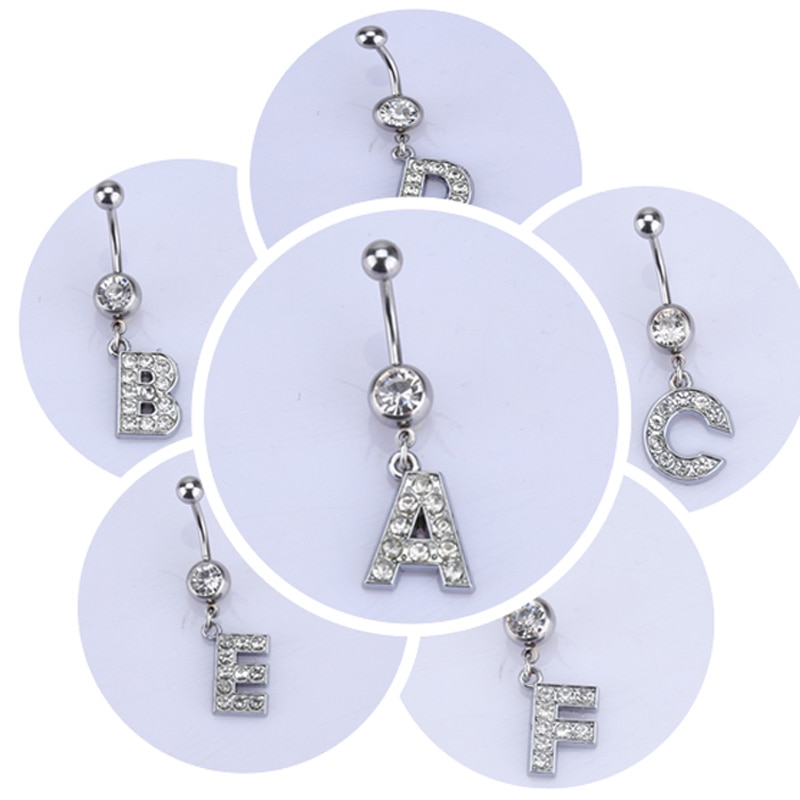 26 brief Een om M stijl Charmant Piercing Crystal Rhinestone Ingelegd Navel Navel Ring rvs sieraden