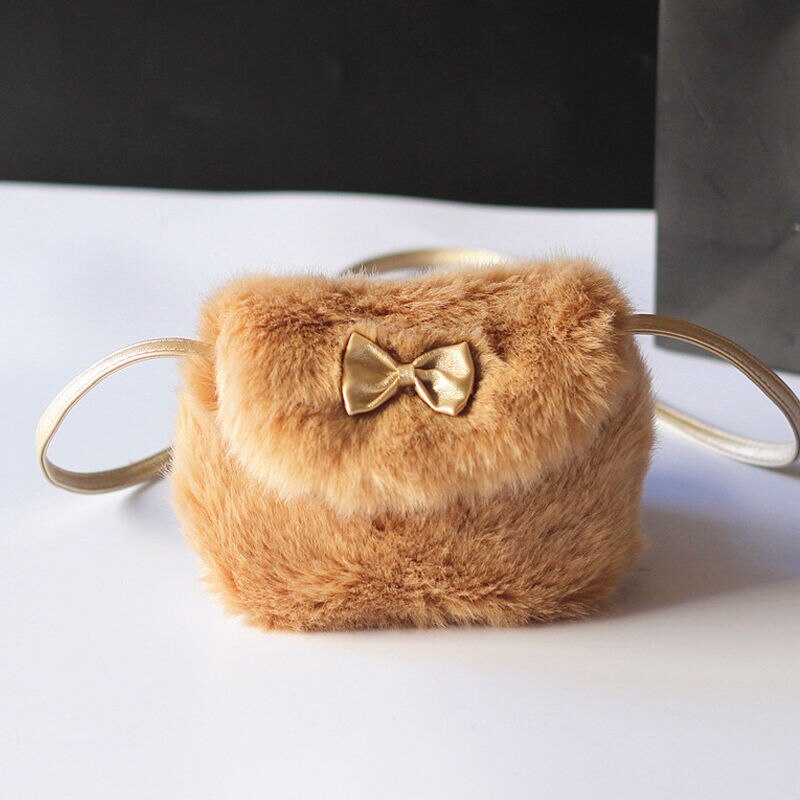 Children Furry Now Bags Warmly Girls Cross Body Mini Purse Bowknot Artificial Fur Bag Kids Birthday: Khaki