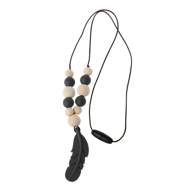 Collar de dentición para bebé, joyería de plumas de silicona para bebé, juguetes para masticar, lactancia,: Black