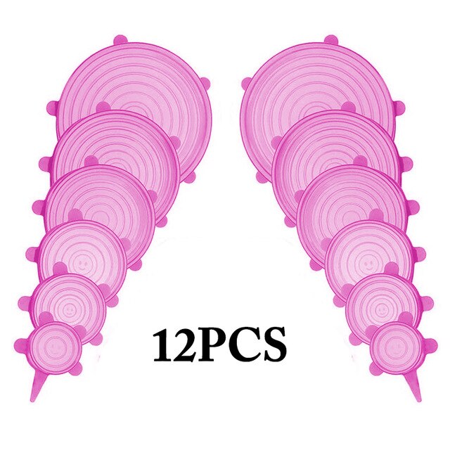 12 PCS Round Reusable Silicone Food Cover Elastic Stretch Adjustable Bowl Lids Kitchen Wrap Seal Fresh Keeping Silicone Caps: Pink 12pcs