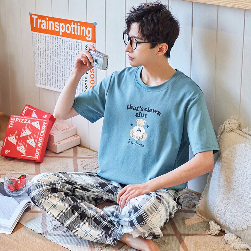 SONG-Conjunto de pijama de algodón para hombre, pantalones largos de manga corta y cuello redondo, con bonito de dibujos animados a la , para el hogar, 2 piezas, novedad de verano y otoño de