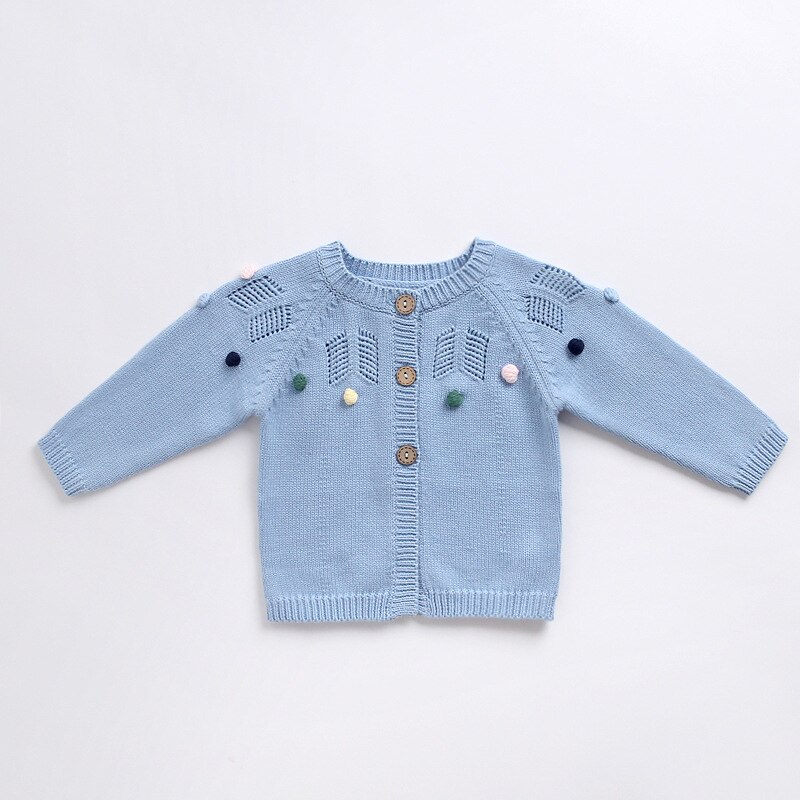 2019 outono infantil meninas suéteres bebê menina cardigan camisola de malha com pompom artesanal crianças cardigan 0-2y roupas da menina do bebê: Azul / 9 m