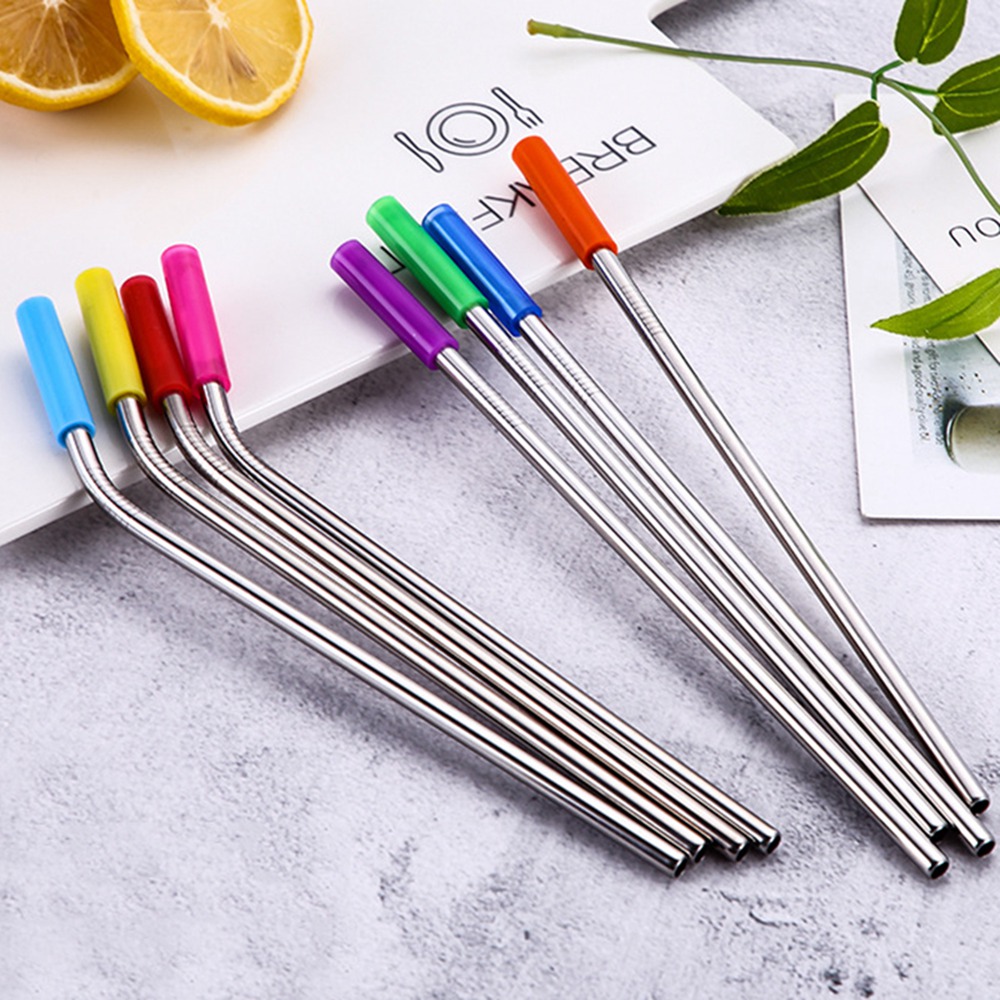 6 stks/set Herbruikbare Rvs Rietjes Rechte Gebogen Rietjes met Siliconen Tips voor Koude Drank Bar Gereedschap