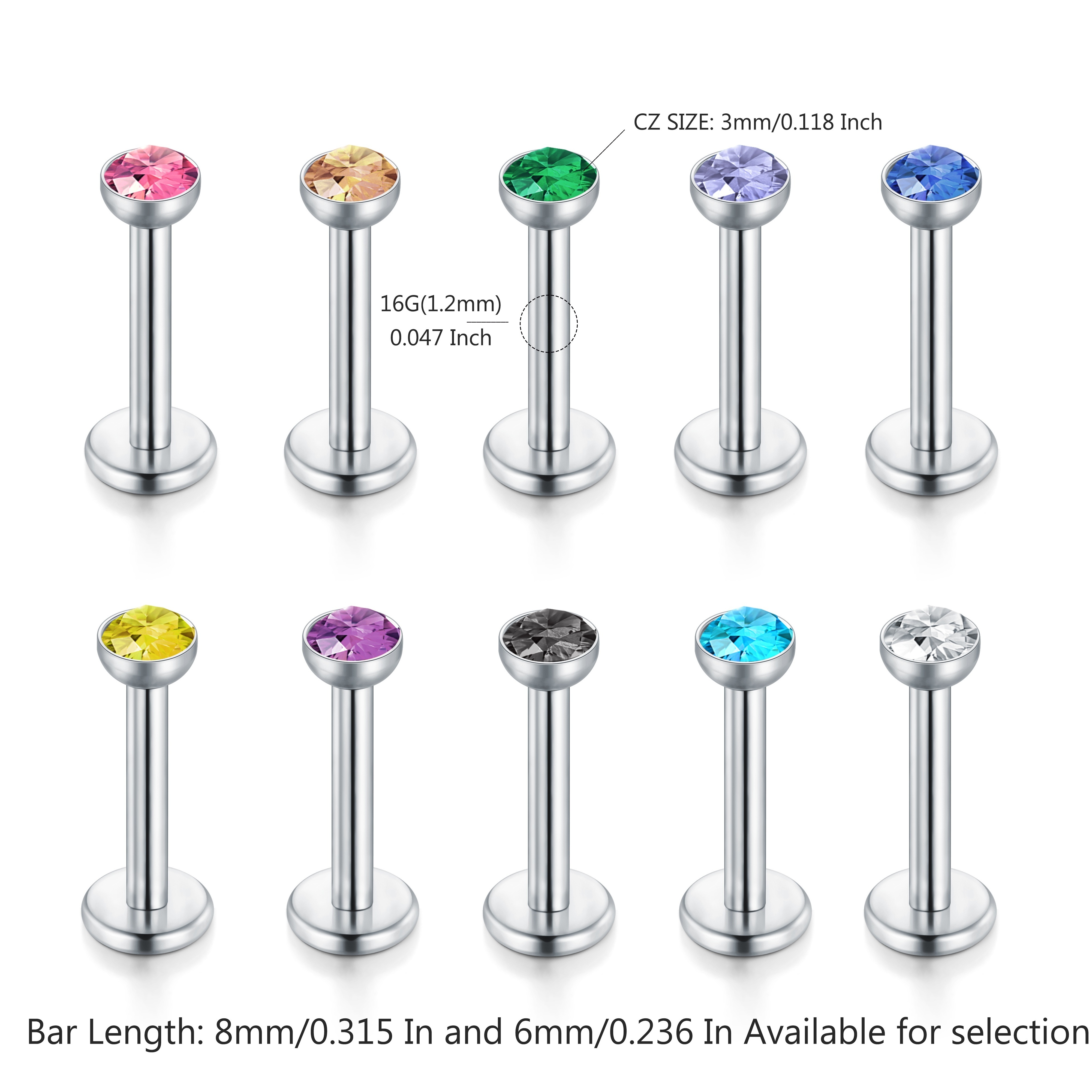10 stks/partij 16G Rvs Lip Studs Tragus Oorbellen Helix Labret Lip Bar Ringen Stud Kraakbeen Monroe Piercings Sieraden 6/8mm
