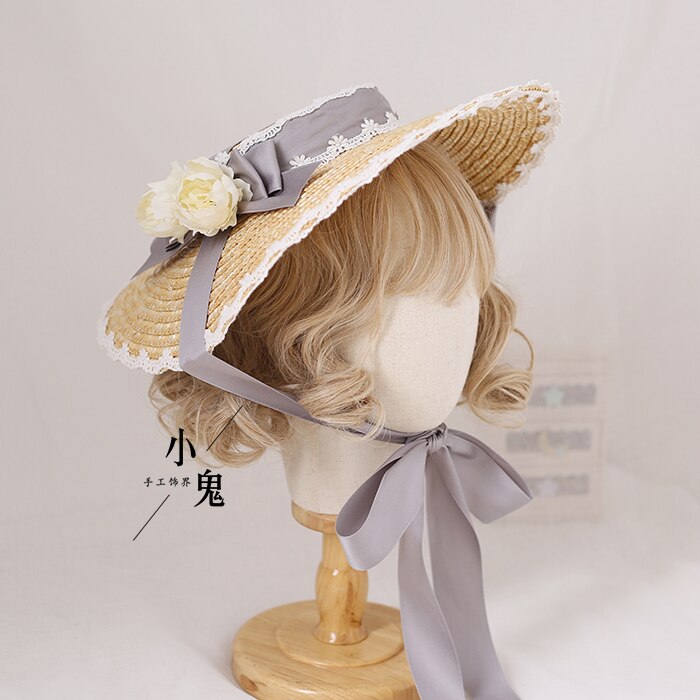 Sombrero de paja de flor con lazo bonito de Lolita, tocado para niñas, sombrilla plana, sombrero plano, adornos para el cabello hechos a mano, Cosplay