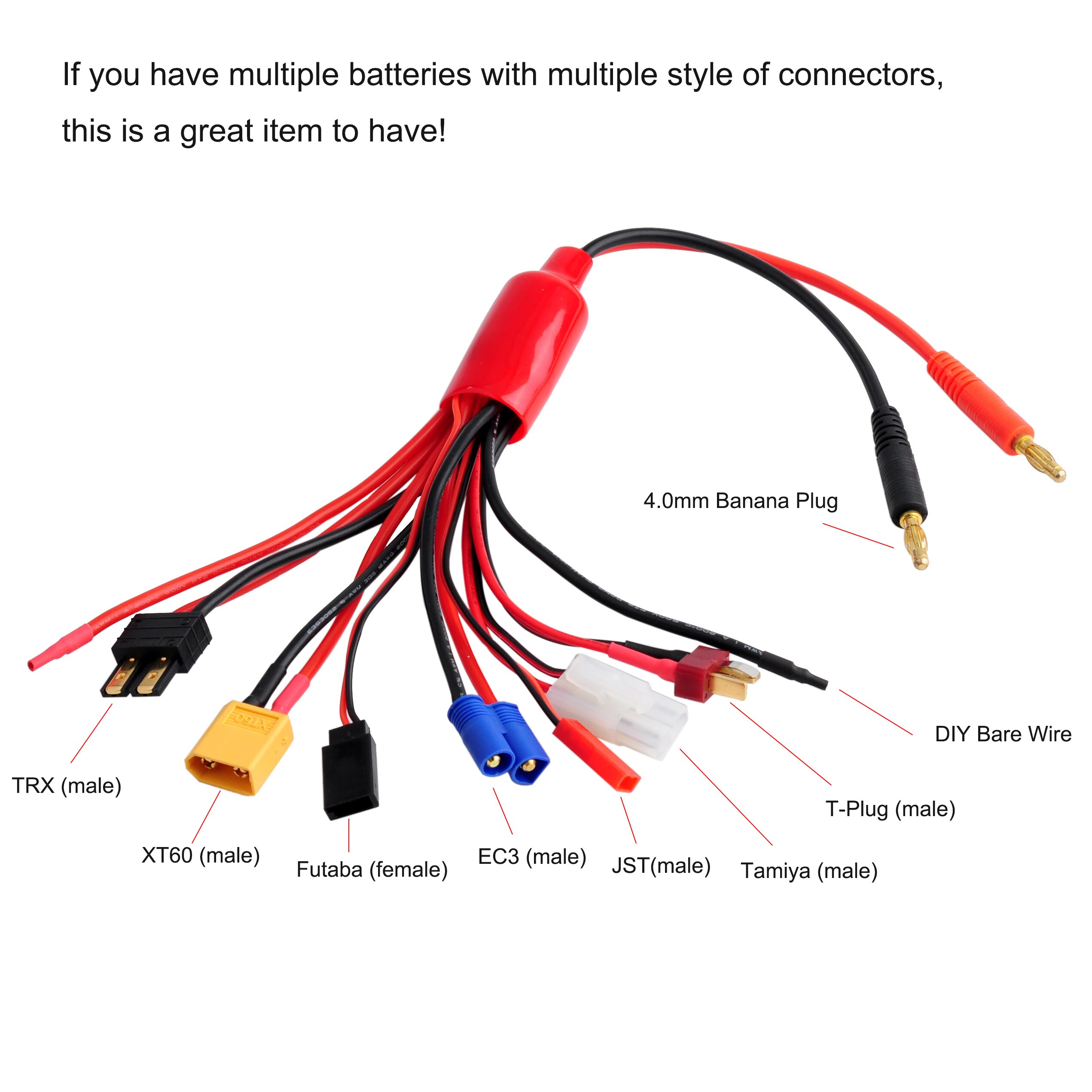 8 in 1 RC Lipo Battery Charger Adapter Connector Splitter Cable Convert Wire for TRX, Tamiya, EC3, JST, Futaba, XT60, T- Dean