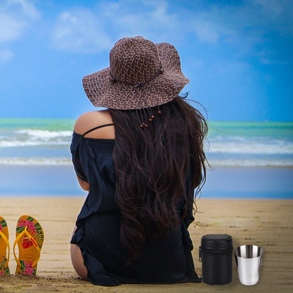 4 Stuks 30Ml Rvs Cups Bier Whiskey Mokken Outdoor Travel Cups Schot Kopjes Drinken Met Zwart Lederen carrying