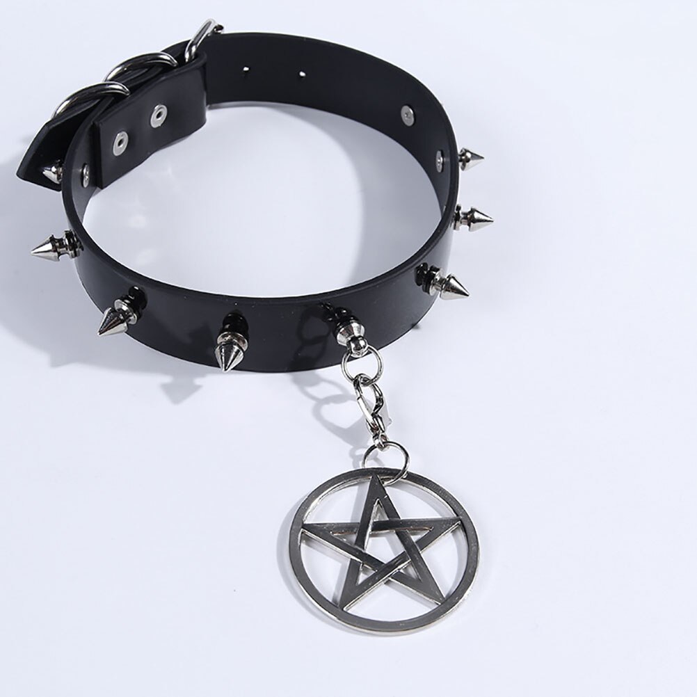 2 Pendants Gothic Choker Women Vintage Pentagram Hexagram Punk Goth Rivet Pu Leather Collar Choker Necklace