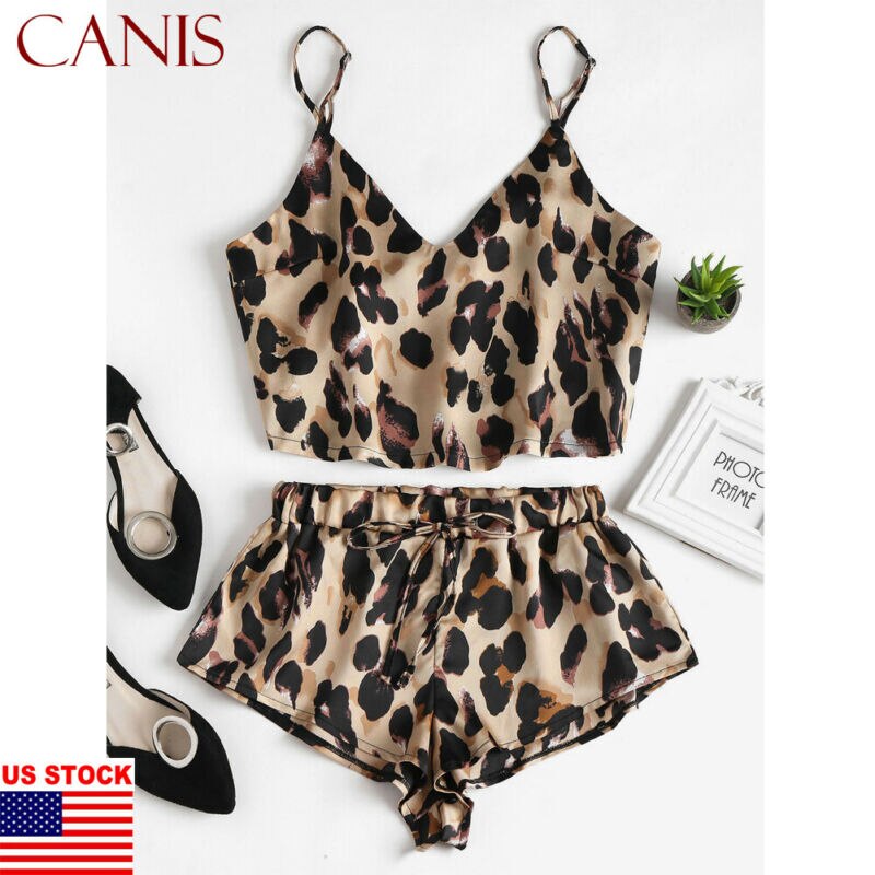 Sexy Dames 2 Pcs Vrouwen Leopard Style Summer Satin Lace Nachtkleding Pak Babydoll Lingerie Nachthemd Pyjama Set