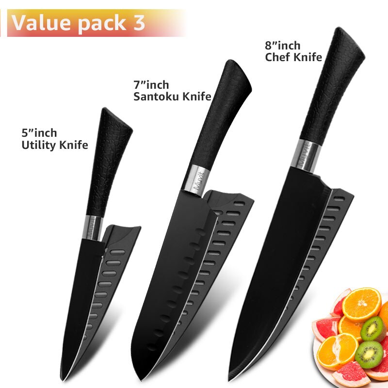 Chef Knives Set Stainless Steel Paring Utility Santoku Chef Slicing Bread Knives Black Blade Kitchen Accessories Set Tools: set 12