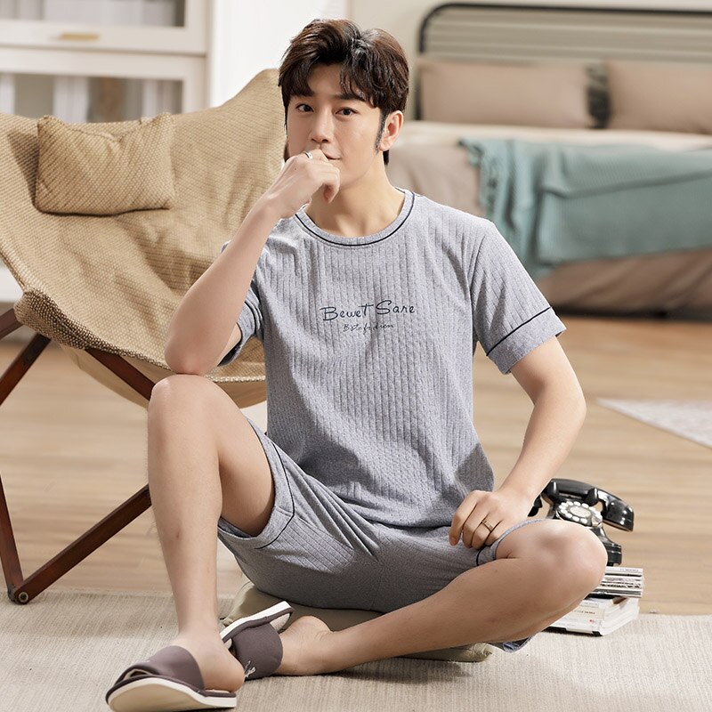 Conjunto de pijamas con letras para hombre, ropa de dormir de algodón de punto de manga corta, traje de casa, talla 4XL, color gris claro, novedad de verano