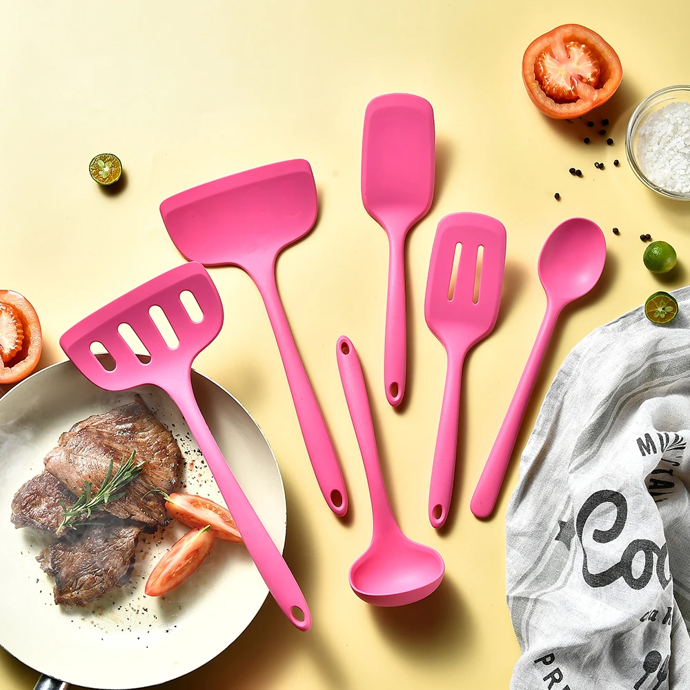1/6 Stuks Roze Siliconen Keukengerei Set Met Non-stick Pannen Siliconen Spatel Soeplepel Koken gereedschap Voor Keuken