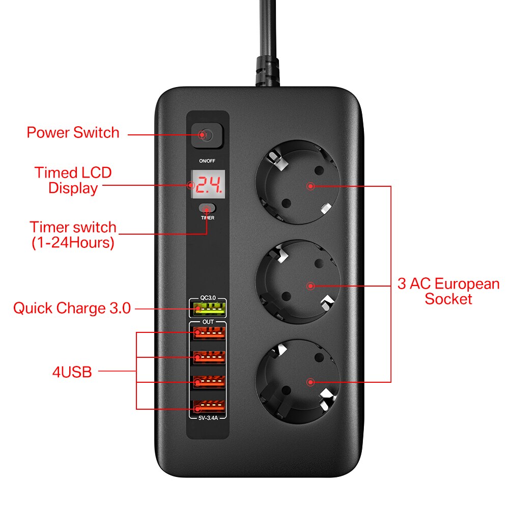 Multiprise USB QC3.0 avec 3 prises EU, Station de Charge rapide pour ordinateur portable, iPhone, Samsung