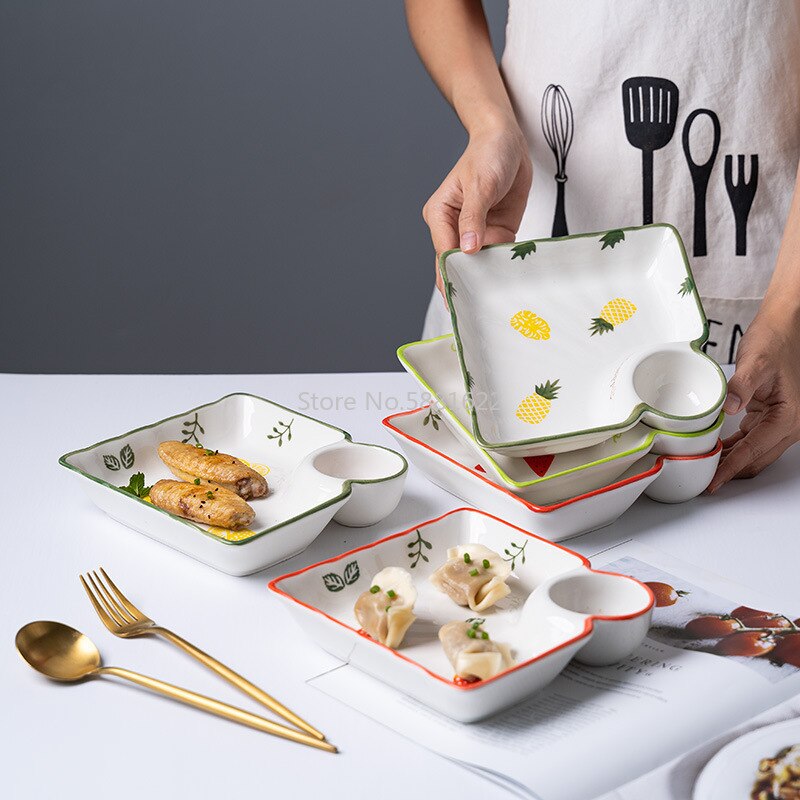 Japansk dumpling tallerken keramisk dyp tallerken med dipsaus tallerken reketallerken frokost tallerken hjem små ferske jordbær