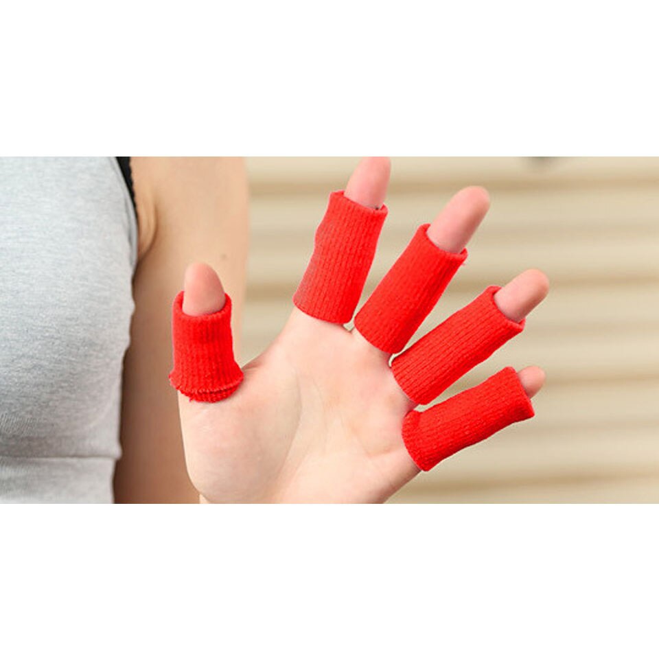 Aolikes 10 stk / sæt elastiske finger ærmer basketball sport sikkerhed tommelfingerbøjle beskytter til volleyball fitness gym sundhedspleje: Rød