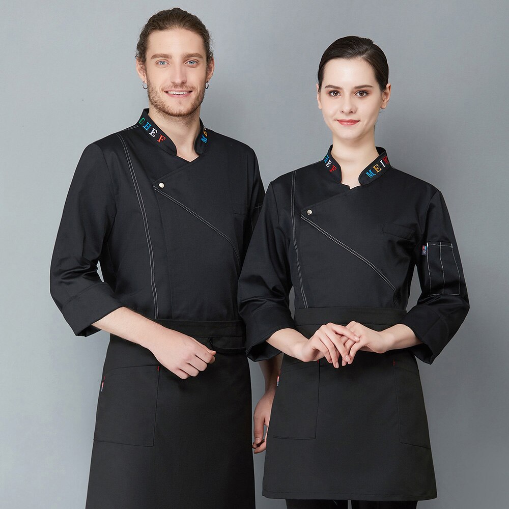 Farverigt brevbroderi til halsudskæring kok restaurant uniform tøj langærmet mænd madservice kokke tøj kokke jakker