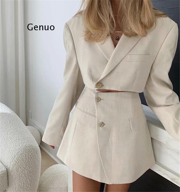 Traje de falda superior para mujer, de color sólido Chaqueta corta, trajes de falda corta con solapa, una hilera de botones, Chaqueta corta de manga larga para otoño, 2 uds.