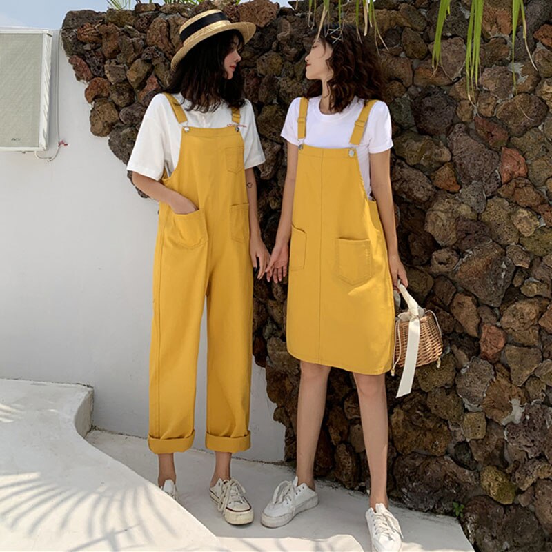 Plus size koreansk stor ficka lösa overaller streetwear femme hängslen dam hängslen svart gul jumpsuit med vida ben kvinnor  kz135