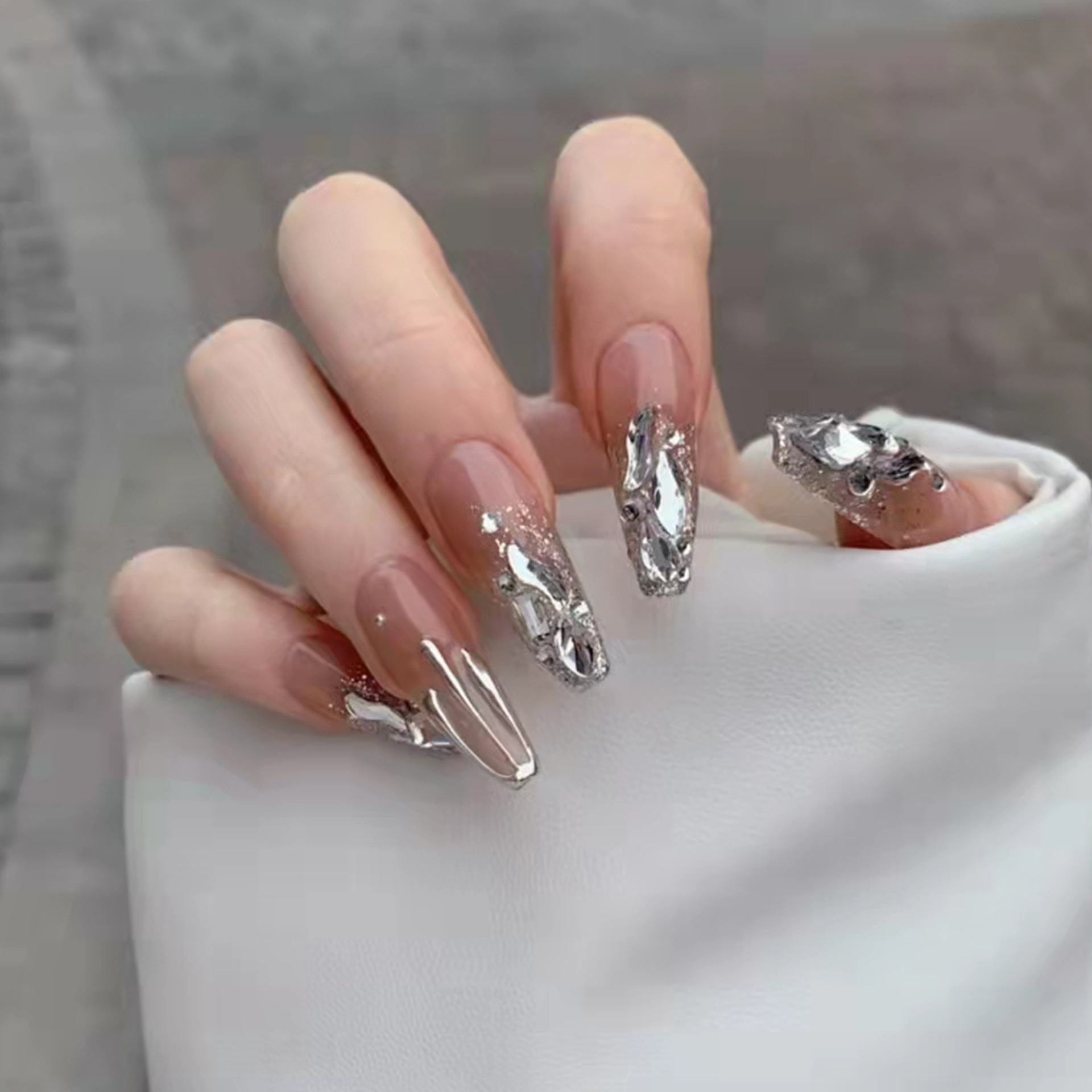24pcs/box Stick On Nails with glue bear bow false nails bling press on nails nail supplies for professionals full cover: 215